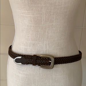 Brown leather braided belt with nickel hardware